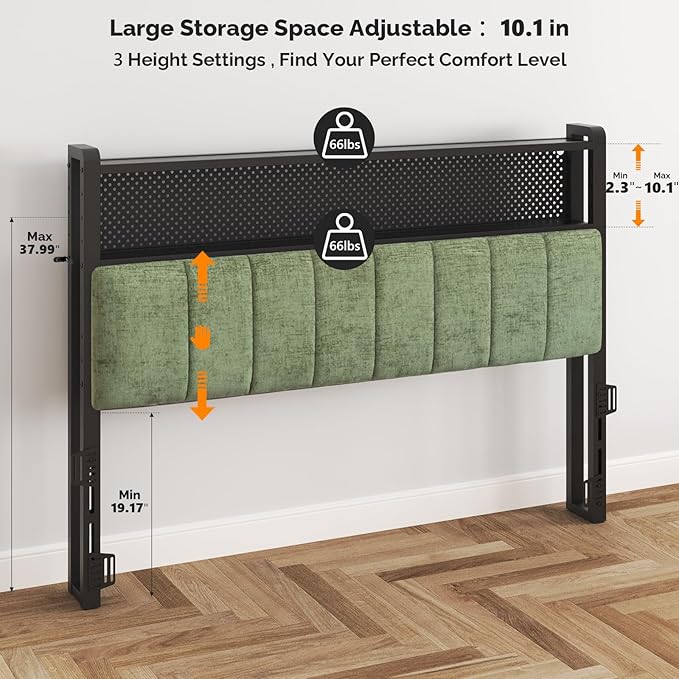 VINGLI Queen Size Headboard Only, Adjustable Upholstered Headboard with 2 Tier Shelves and Pegboard with Charging Stations and LED Lights, Modern Bed Headboard with Storage for Bedroom Decor