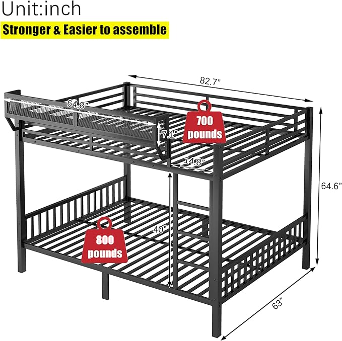 Higher Quality & Stronger Heavy Duty Industrial Style Metal Queen Over Queen Bunk Bed, Thickened More Stable Black Steel Bunkbed Bunk Queen Bed (Easier to Assemble)