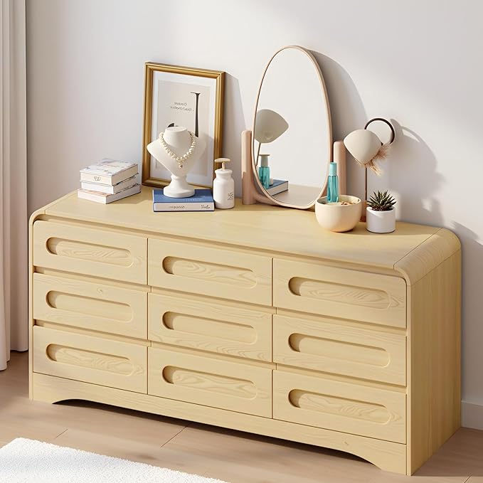 Dresser for Bedroom with 9 Drawers, 63" Large Modern Dressers & Chest of Drawers with Curved Profile Design, Wood Closet Clothes Storage Long Dressers Organizer for Bedroom Living Room Hallway, Oak