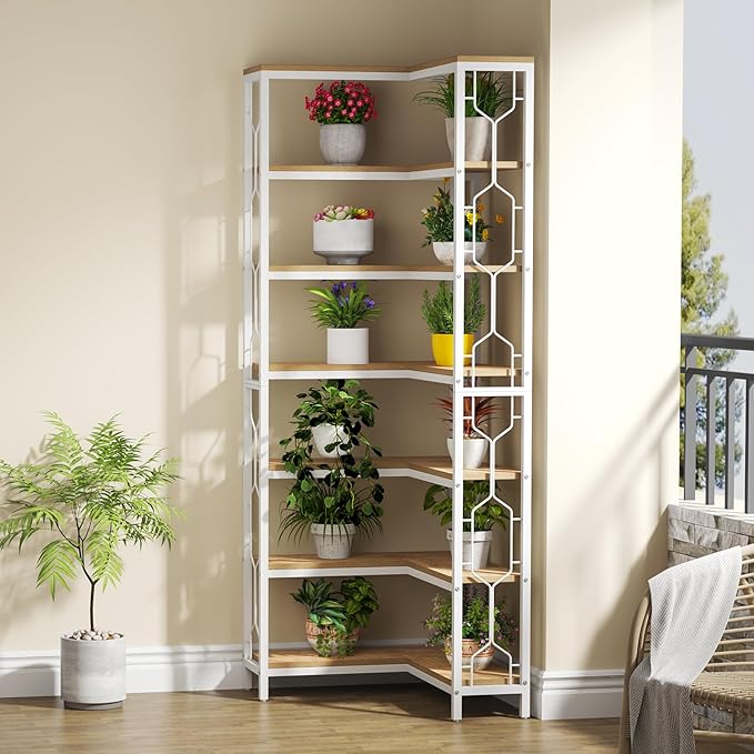 Tribesigns Corner Shelf, 7-Tier Industrial Corner Bookshelf, Wood and Metal Corner Etagere Bookcase, Freestanding Display Shelf for Living Room, Kitchen, Home Office, White and Natural