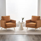VINGLI Living Room Chairs Set of 2, Brown PU Leather Accent Chair Mid Century Modern Upholstered Sofa Chairs with Arms, Gold Legs for Living Room, Bedroom, Apartment