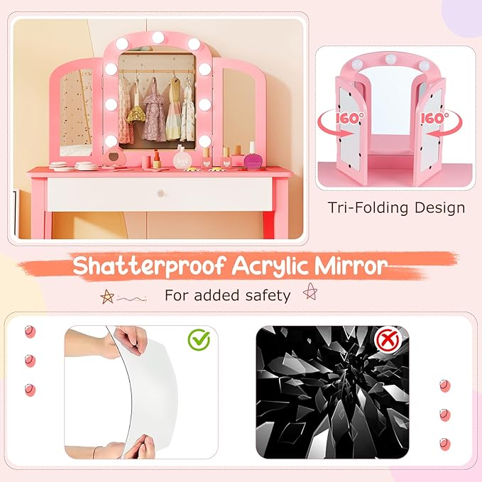 Costzon Kids Vanity, Girls Vanity Set with Mirror and Stool and Lights, Storage Drawer, Princess Toddler Makeup Vanity Desk Dressing Table, Wooden Kids Vanity Table and Chair Set (Pink)