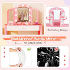 Costzon Kids Vanity, Girls Vanity Set with Mirror and Stool and Lights, Storage Drawer, Princess Toddler Makeup Vanity Desk Dressing Table, Wooden Kids Vanity Table and Chair Set (Pink)