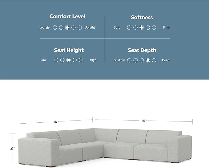 SIMPLIHOME Rex Corner Sectional Modular Sofa in 100% Recycled Polyester Tightly Woven Performance Fabric, Pale Grey, 116-inches Wide, Handcrafted Modern-Style L-Shaped Couch for Living Room