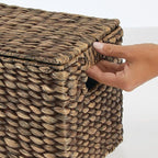 mDesign Woven Water Hyacinth Rectangle Storage Organizer Basket Bin with Topper Lid and Handles - Natural Farmhouse Holder Containers for Closet, Bedroom, Bathroom, Office - Set of 3 - Dark Brown