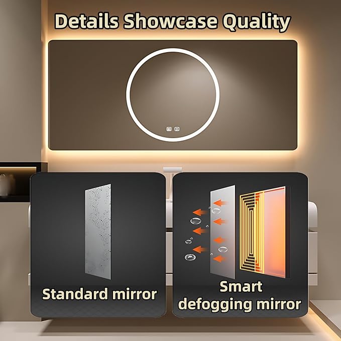 48IN Bathroom Vanity with Sink - Bathroom Cabinet Set has 2 Drawers & Overflow Hole Wall Mounted | LED Practical Defogging Mirror, Open Compartments, Seamless Rock Slab Basin (Khaki)