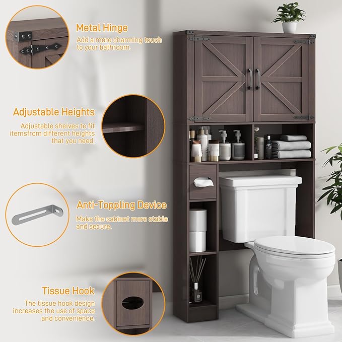 Vabches Over The Toilet Storage Cabinet, Farmhouse Storage Cabinet Over Toilet with Barn Doors & Toilet Paper Holder Stand，Home Space-Saving Toilet Rack, for Laundry, Bathroom, Restroom(Espresso).