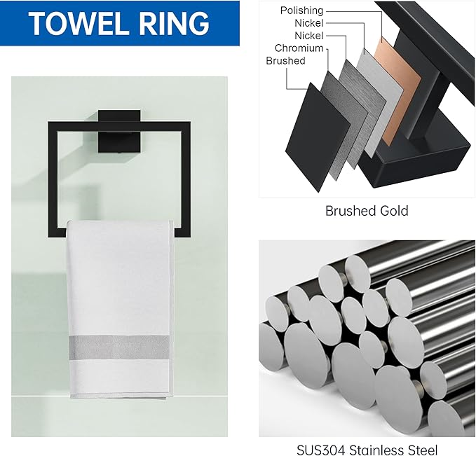 10-Pieces Bathroom Hardware Set, SUS304 Stainless Steel Wall Mounted 16 Inch Towel Bar, Toilet Paper Holder, Towel Hooks, Bathroom Towel Bar Set (Matte Black (Type 2), 10 Piece-16 inch)