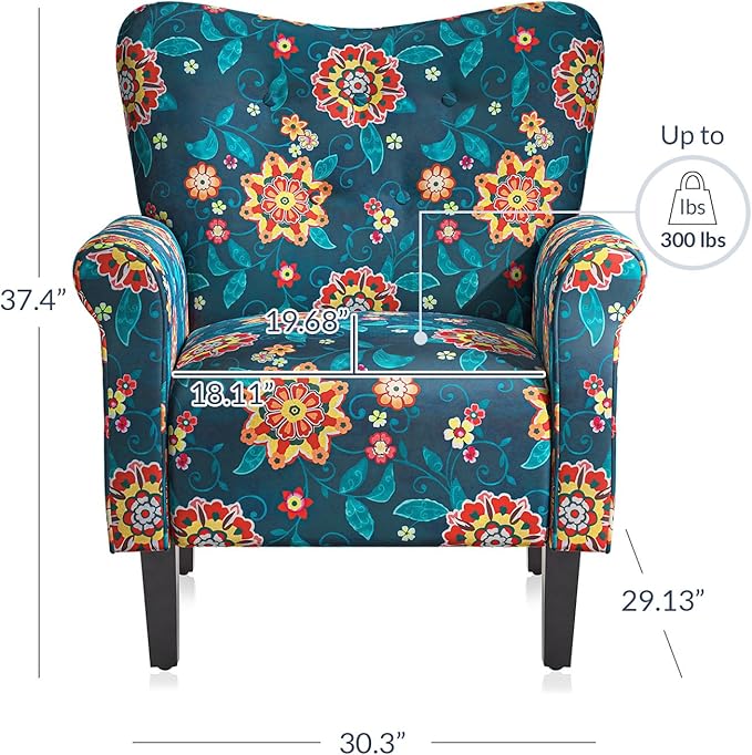 BELLEZE Modern Accent Chair for Living Room, High Back Linen Armchair with Wooden Legs, Upholstered Wingback Side Chair Padded Armrest Single Sofa for Living Room, Bedroom - Allston (Blue & Flower)