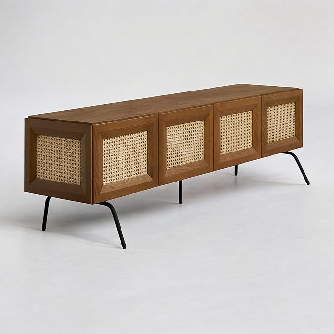 NTC Mossic TV Media Cabinet with 4 Doors for TVs, Entertainment Center with Natural Rattan, Metal Legs, Modern Storage Console for Living Room and Bedroom, Effortless Assembly, Rustic Oak