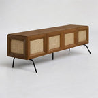 NTC Mossic TV Media Cabinet with 4 Doors for TVs, Entertainment Center with Natural Rattan, Metal Legs, Modern Storage Console for Living Room and Bedroom, Effortless Assembly, Rustic Oak