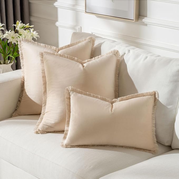 FUTEI Beige Velvet Decorative Throw Pillow Covers 24x24 Set of 2,Soft Cozy Edge with Tassels European Cushion Case,Boho Modern Home Decor for Couch Bed Living Room