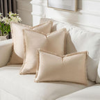FUTEI Beige Velvet Decorative Throw Pillow Covers 24x24 Set of 2,Soft Cozy Edge with Tassels European Cushion Case,Boho Modern Home Decor for Couch Bed Living Room