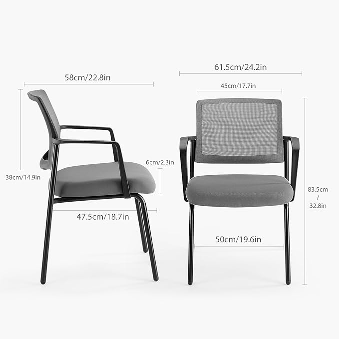 DUMOS Grey Stackable Arm Chairs with Mesh Back and Upholstered Fabric, Sturdy Metal Frame, Easy to Store and Use, Perfect for Indoor and Outdoor Spaces, 2 Chair