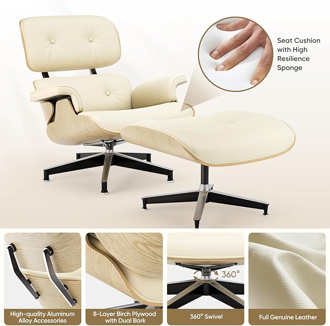 Top Cream White Grain Leather, Mid Century Chaise Lounge Chair and Ottoman, Modern Chair Classic Design, Ash Wood, Heavy Duty Base Support for Living Room Office