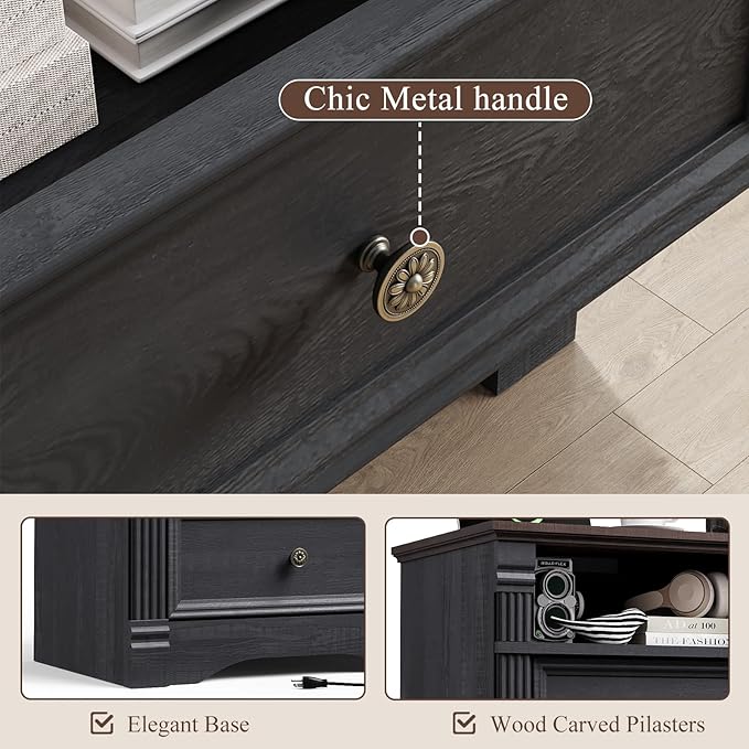 Yaamizz Farmhouse Nightstands Set of 2 with Charging Station, Table with Drawer and Storage Shelf, Wood Pilasters and Metal Handles, Vintage Design, Organizer for Bedroom, Hallway, Black