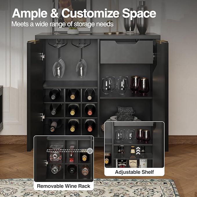 Fluted Coffee Bar Cabinet with Storage, Modern Sideboard Buffet Cabinet with Removable Wine Rack, Drawer, Adjustable Shelf, Black Liquor Cabinets for Living Room, Dining Room, Kitchen, Entryway