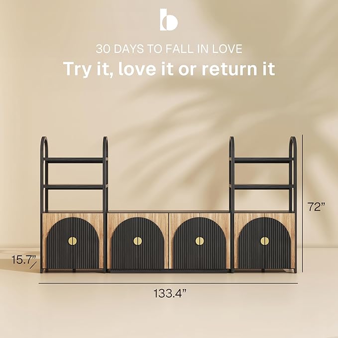 BELLEZE 4-Piece Modular Arched TV Stand Entertainment Center Set, Mid Century Modern 2 Piece 72″ Tall Storage Cabinets and 2 Piece 65″ Fluted TV Console for Living Room (Camel)