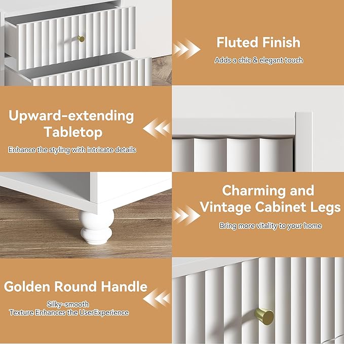 Modern Nightstand Set of 2, Fluted End Table with Open Shelf, Night Stand with 2 Drawers for Bedroom (2,White)