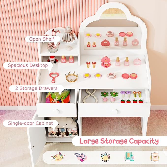 Costzon Kids Vanity, 2 in 1 Girls Vanity Set with Mirror, Drawers, Storage Shelf & Cabinet, Makeup Vanity Desk Dressing Table, Kids Vanity Table and Chair Set for Little Girls (White)