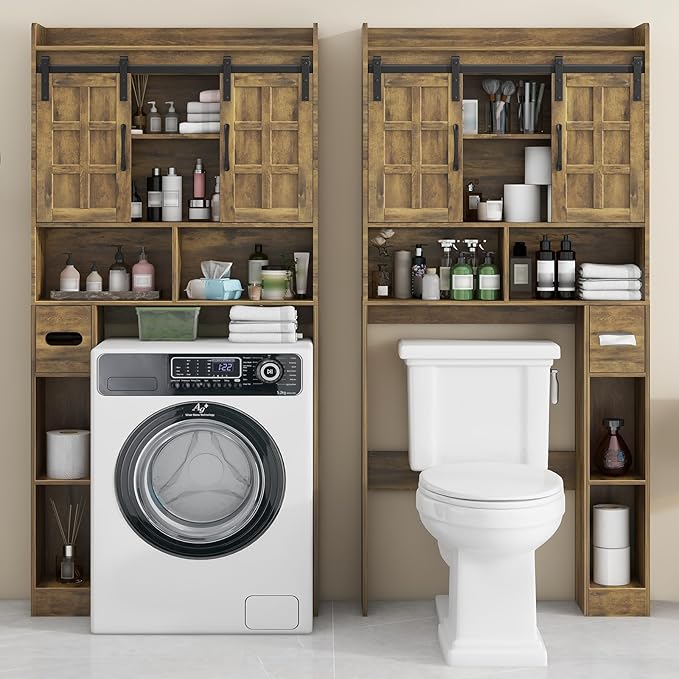 Over The Toilet Storage Cabinet, Farmhouse Storage Cabinet Over Toilet with Sliding Doors，Home Space-Saving Toilet Rack, for Bathroom, Restroom, Laundry. Brown