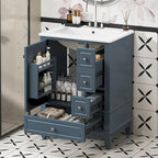 24 Inch Bathroom Vanity with Sink, Freestanding Bathroom Sink Cabinet with 3 Drawers and Storage Door Rack Organizer, Solid Wood Legs, Blue Gray