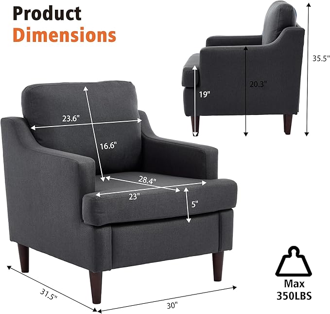Mid-Century Accent Chair Modern Linen Fabric Armchair for Living Room,Comfy Upholstered Reading Chairs for Bedroom,Single Sofa Chair with Wood Legs (Darkgrey, Set of 1)