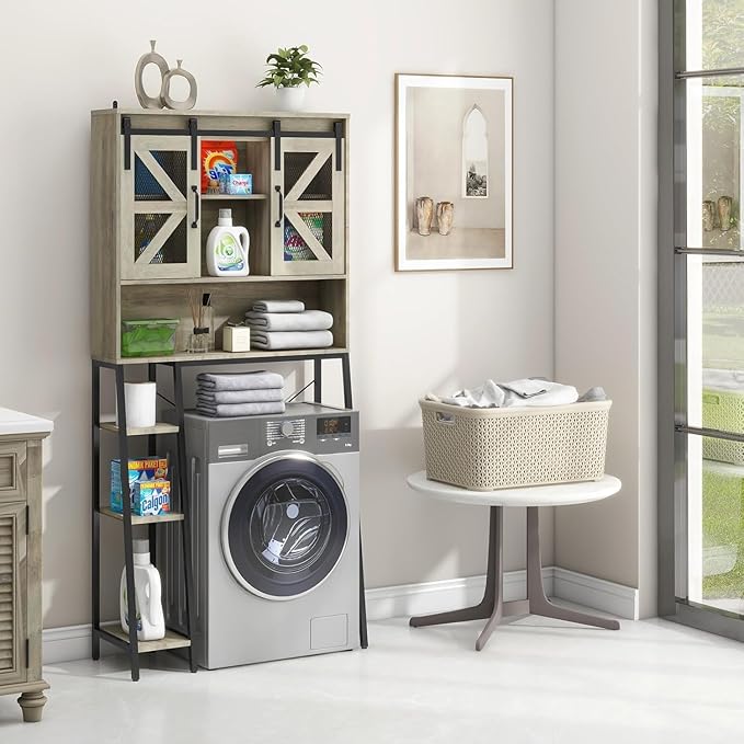 Over The Toilet Storage Cabinet, Farmhouse Storage Cabinet Over Toilet with Sliding Barn Door，Home Space-Saving Toilet Rack, for Bathroom, Restroom, Laundry(Grey).