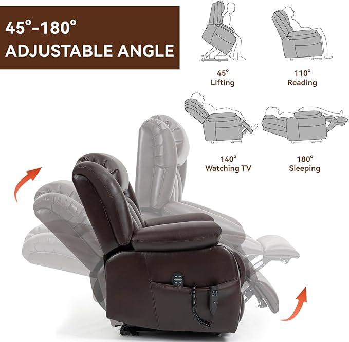 Luxlen Electric Power Lift Recliner Chair with Vibration Massage and Heat, Faux Leather Reclining Chairs for Elderly with Remote Controls, Side Pockets, Big and Tall Recliner, Brown