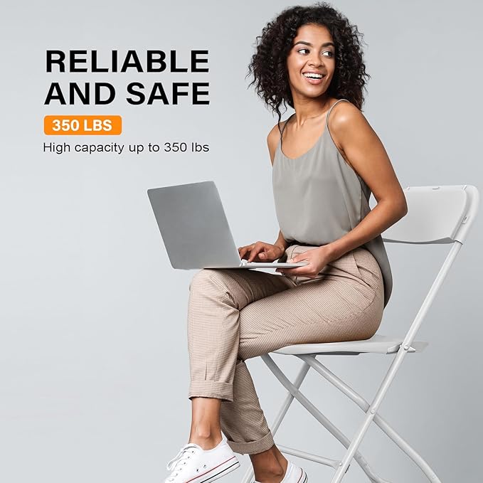 VINGLI 8 Pack White Plastic Folding Chair, Indoor Outdoor Portable Stackable Commercial Seat with Steel Frame 350lb. Capacity for Events Office Wedding Party Picnic Kitchen Dining