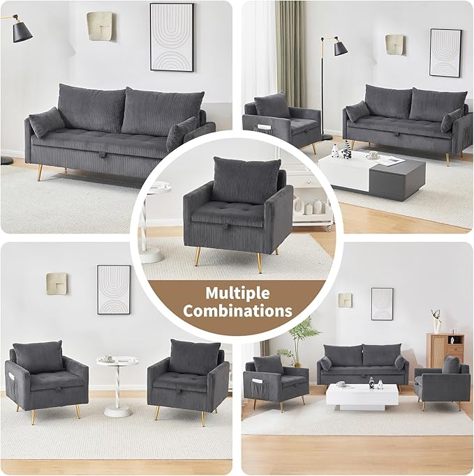 Furnimart 3-Seater Storage Sofa and Couch, Corduroy Loveseat with Accent Single Chair, Small Living Room Furniture Set for Apartment, Tiny Homes and Lofts, 2PC-Gray