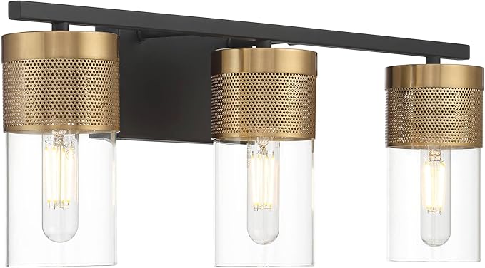 Possini Euro Design Berlin 23 1/2" High Modern Industrial 3 Light Bathroom Vanity Wall Lamp Light Fixture Mount Over The Sink Mirror Hardwired Cordless Black and Gold Glass Shade Indoor Entry-Way