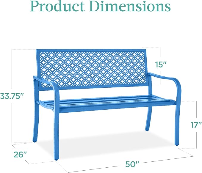 Best Choice Products Outdoor Bench 2-Person Metal Steel Benches Furniture for Garden, Patio, Porch, Entryway w/Geometric Backrest, 790lb Capacity - Ocean Blue