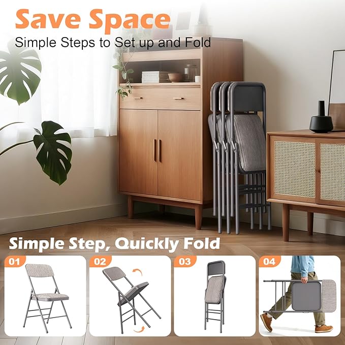 Commercial Grade Folding Chair with Padded Fabric Cushion（16"X16" |Double-hinged Legs Luxury Style|4.5kg Capacity Max Weight 150Kg for Home and Office,Indoor and Outdoor Events (2, Fabric-Beige)