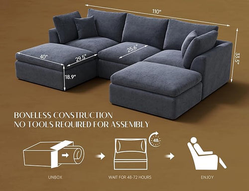 110" Cloud Sectional Couches for Living Room, Boneless U Shaped Couch with Ottoman, 3 Seater Modular Sectional Sofa, Dark Grey