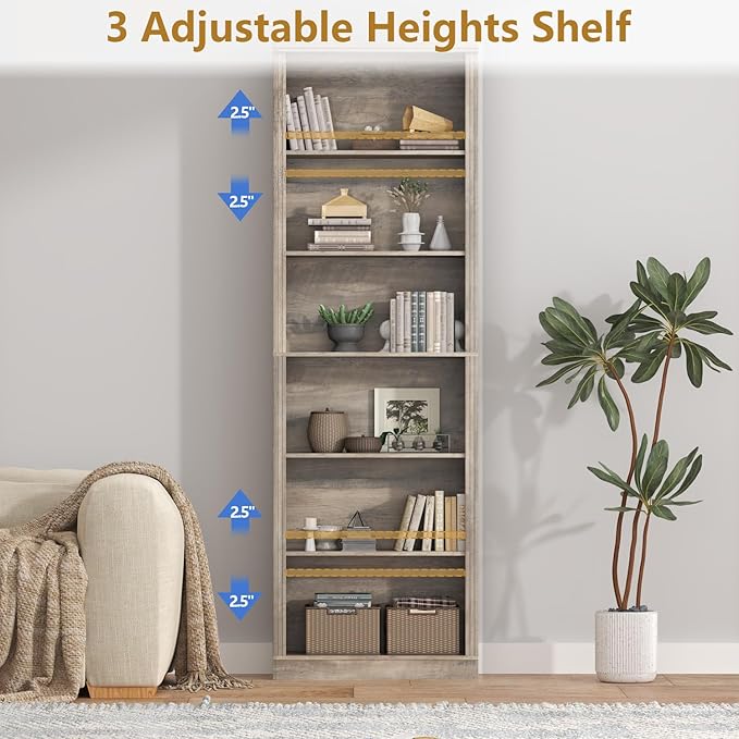 75" Tall Bookshelf & Bookcase Set of 2, 6-Tier Adjustable Storage Shelves, Book Shelf with Anti-Tipping Device, Floor Standing Modern Display Rack for Living Room, Bedroom, Office, Grey