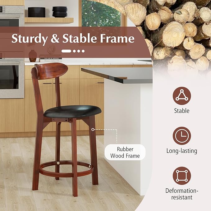 COSTWAY Bar Stool Set of 4, 23.5'' Counter Height Barstools w/Curved Backrest, Faux Leather Cushion & Rubber Wood Frame, Mid Century Modern Island Chairs for Kitchen Bar Cafe, Walnut