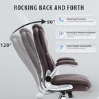 Leather Executive Office Chair, High Back Ergonomic Office Desk Chairs with Wheels, 90-120° Rocking Managerial Chair Home Computer Chairs with Flip-up Armr and Lumbar Support(Dark Brown)