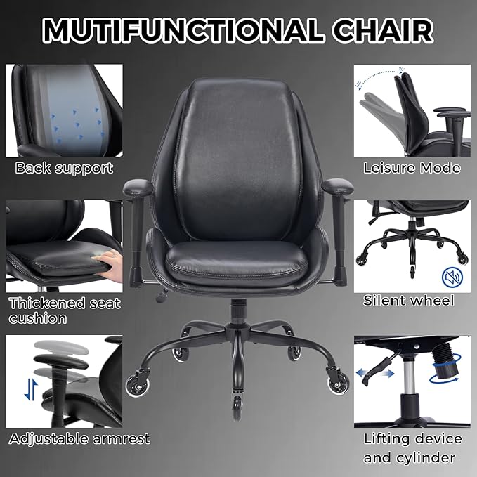 BEWISHOME Home Office Desk Chair, Black Leather Executive Chair with Adjustable Armrests, Computer Chair with Lumbar Support, 360° Swivel Ergonomic Rolling Chair for Adults, Up to 320lbs，BBY02B