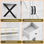 SUPER DEAL Farmhouse Storage Cabinet, Bathroom Floor Cabinet Kitchen Pantry with Doors and Drawers, Hutch Cupboard for Laundry, Living Room, Bedroom, White