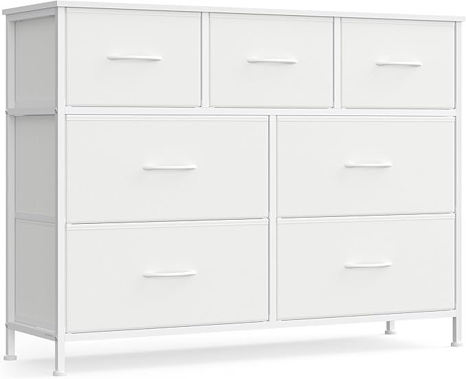SONGMICS Dresser for Bedroom, Chest of Drawers, TV Stand, Steel, MDF, 7 Non-Woven Fabric Drawers, Storage Organizer Unit, Closet, Entryway, Cloud White and Snow White ULGS323W01S