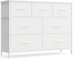 SONGMICS Dresser for Bedroom, Chest of Drawers, TV Stand, Steel, MDF, 7 Non-Woven Fabric Drawers, Storage Organizer Unit, Closet, Entryway, Cloud White and Snow White ULGS323W01S