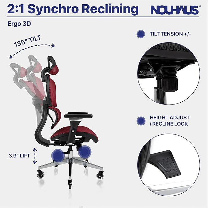 Nouhaus Ergo3D Ergonomic Office Chair Lumbar Support Mesh Office Chair with 4D Adjustable Armrest, Adjustable Headrest and Wheels, Mesh High Back Home Office Desk Chairs(Burgundy)