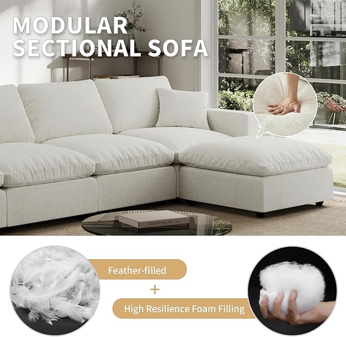 Modern Sectional Linen Cloud Couch for Living Room Armless Modular Filled-Down Sofas,Detachable Couch Cushion Covers,Cozy Feather Down Sofa for Apartment Cream White