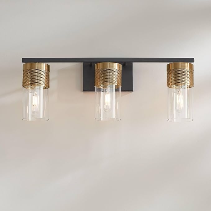 Possini Euro Design Berlin 23 1/2" High Modern Industrial 3 Light Bathroom Vanity Wall Lamp Light Fixture Mount Over The Sink Mirror Hardwired Cordless Black and Gold Glass Shade Indoor Entry-Way