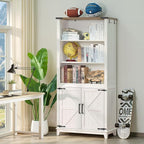 5 Tier Bookshelf 70in Tall Bookcase with Barn Doors and Storage Cabinet, White Farmhouse Book Shelf with Adjustable Shelves, Wood Freestanding Display Bookshelves for Bedroom, Living Room
