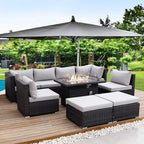 NICESOUL 29.3'' High Back Outdoor Patio Conversation Set with Firepit Natural Gas Propane Convertible, Plus Size Modular Wicker Furniture Couches, 9 Piece Modern Deep Wide Sectional Sofa, Light Gray