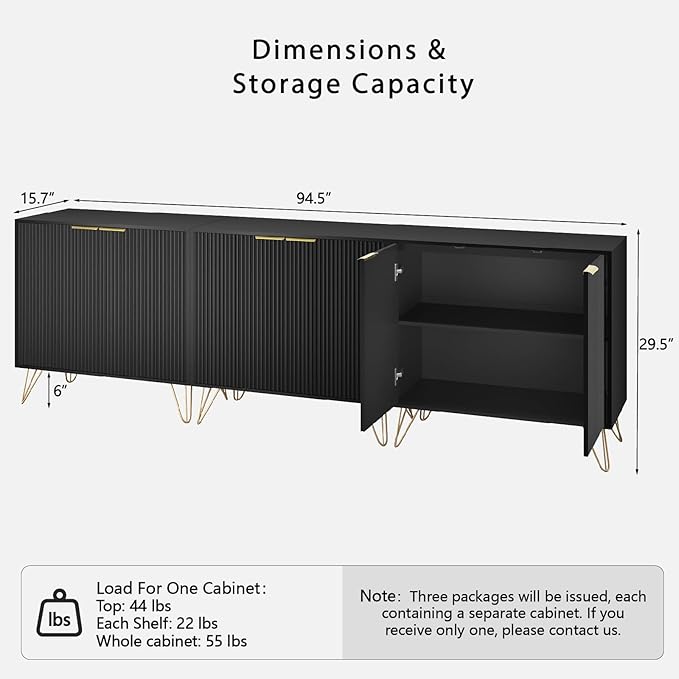 Fluted Storage Cabinet, Set of 3, Sideboard Buffet Cabinet, Modern Wood Accent Cabinet with Adjustable Shelves, Console Table for Living Room, Hallway, Entryway, Black