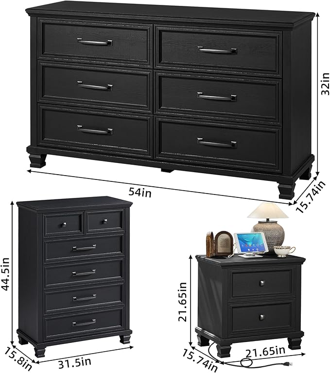 Farmhouse Bedroom Dresser and Nightstand Set of 4, 6 Drawer Tall & Low Dresser & 2 Drawer Nightstand Set, Rustic Wood Bedroom Furniture Set for Livingroom, Hallway, Black