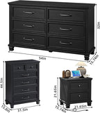 Farmhouse Bedroom Dresser and Nightstand Set of 4, 6 Drawer Tall & Low Dresser & 2 Drawer Nightstand Set, Rustic Wood Bedroom Furniture Set for Livingroom, Hallway, Black